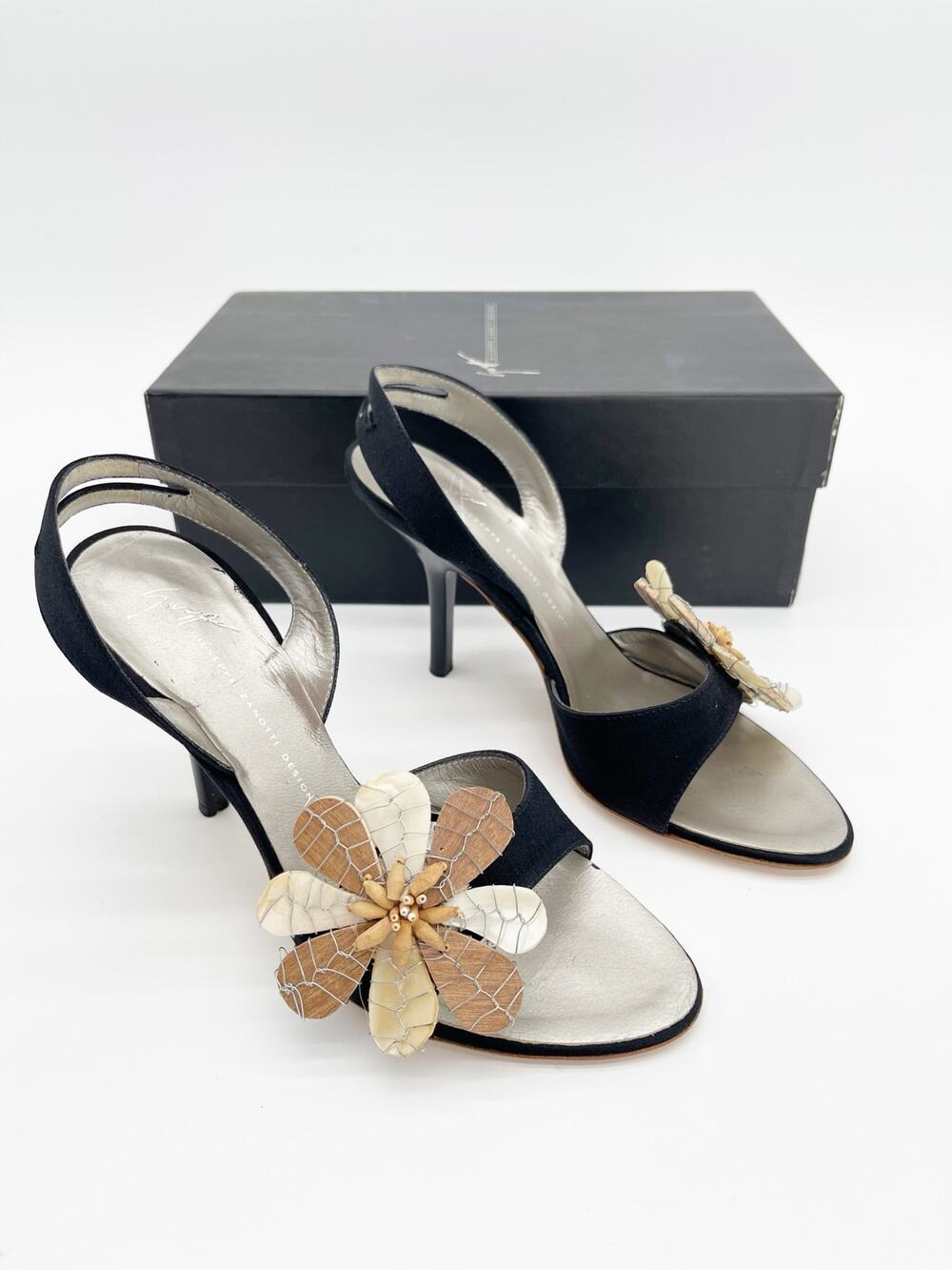 Giuseppe Zanotti Vicini Vintage Black Satin Floral Applique Heels Sandals IT 36